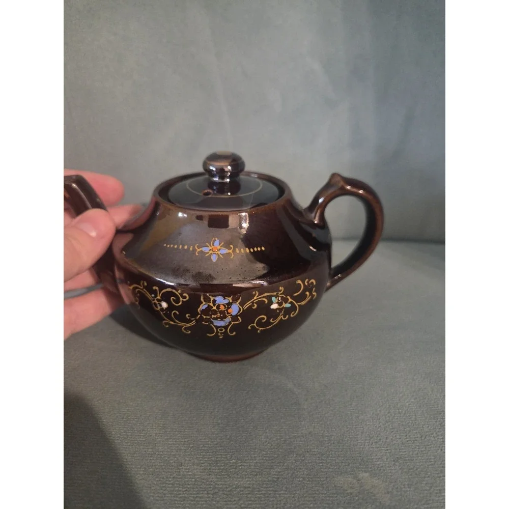 Vtg Brown Betty Redware Teapot Moriage Enamel Hand Painted Japan Set Of 4